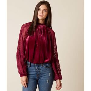 Free People FP Dream Team Velvet Lace Balloon Long Sleeve Blouse Top Raspberry M